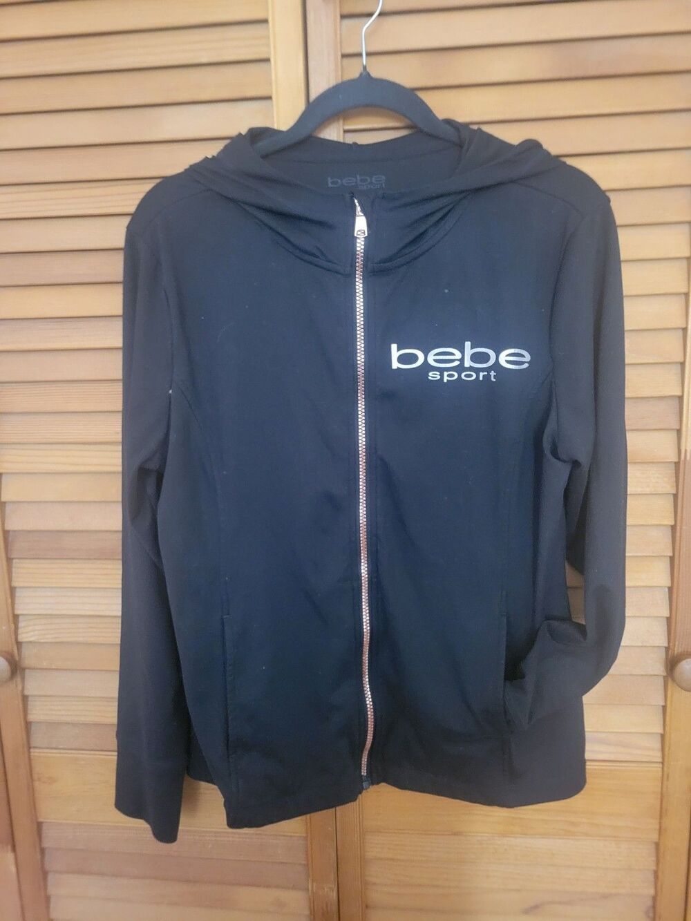Bebe Black Zip Up Hoodie W Rose Gold Zipper Sz Large Active Athleisure Sporty